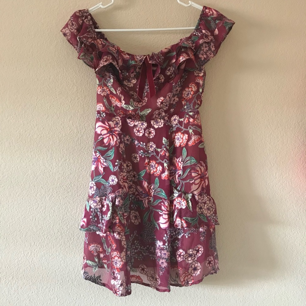 NWOT For Love & Lemons Flora Off Shoulder Mini Dress in red floral